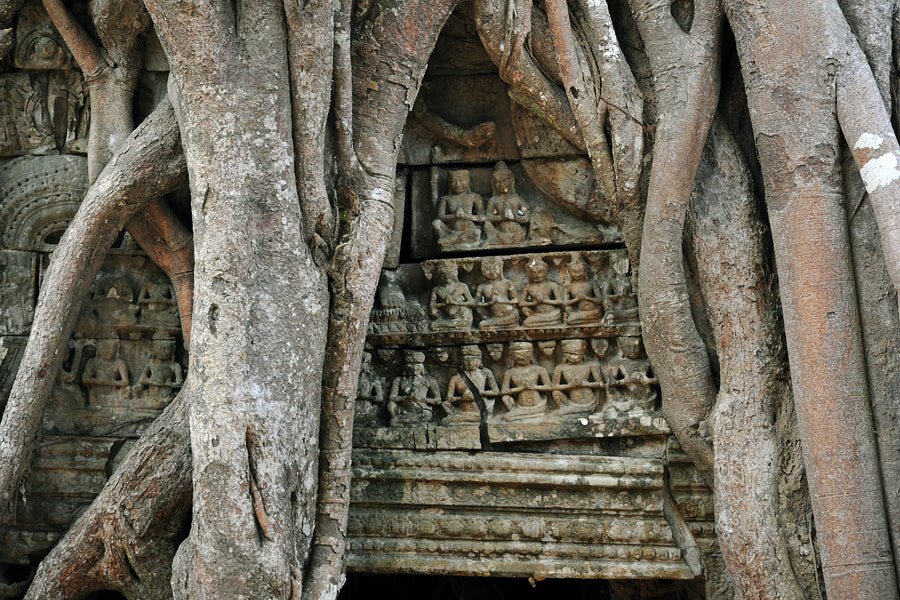 overgrown relief depicting worshippers of Lokeshvara