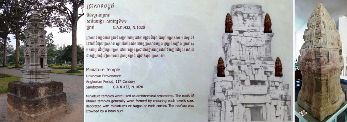 Moderner Miniatur-Tempel und Miniatur-Tempel (Akroterion) aus der Angkor Periode