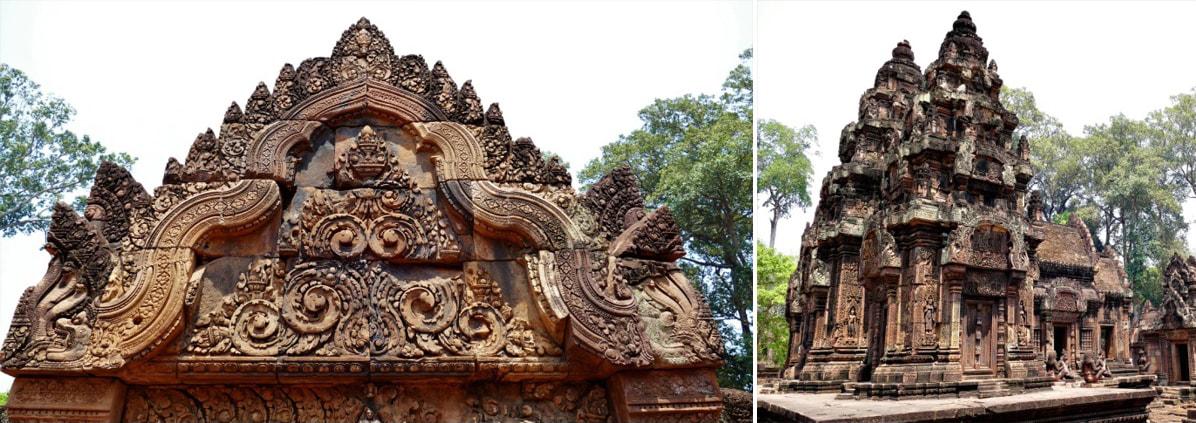 Banteay Srei Tempel: Tympanum mit Naga-Eckakroter & Ansicht der Prasat von Südwest