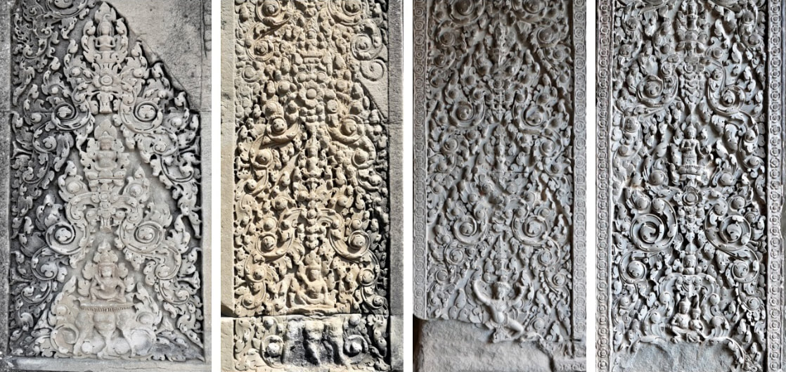 Bild 17 – 20: Halbreliefmotive (III) Indra auf Airavata/Shiva/Shiva und Uma 