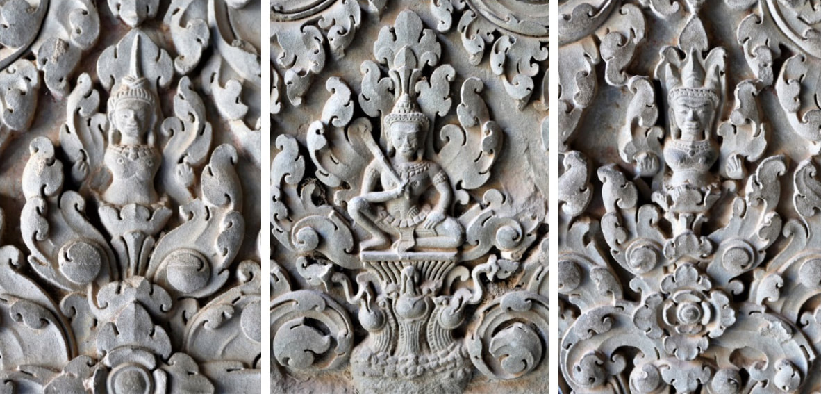 Bild 21 – 23: Halbreliefmotive (IV) Göttin/Gott (Yama?) auf Hamsa-Thron/Göttin