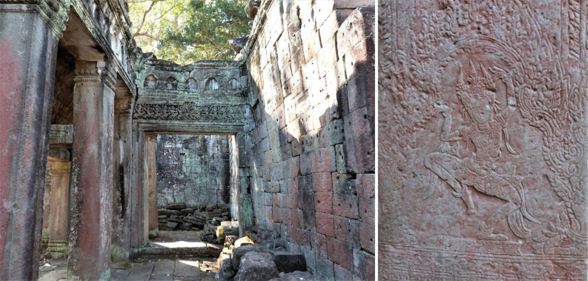 Bild 2 & 3: Preah Khan Tempel (Angkor) – Seitenraum und Flachrelief 