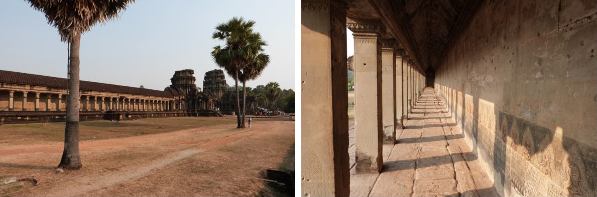  Bild 7 & 8: Angkor Wat – nördliche Galerie mit West-Gopuram und Blick in die nördliche Galerie