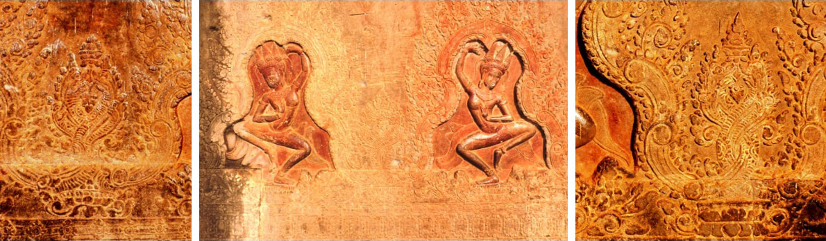 Bild 12, 13 & 14: Angkor Wat – Wandschmuck und Tänzerinnen der nördlichen Galerie
