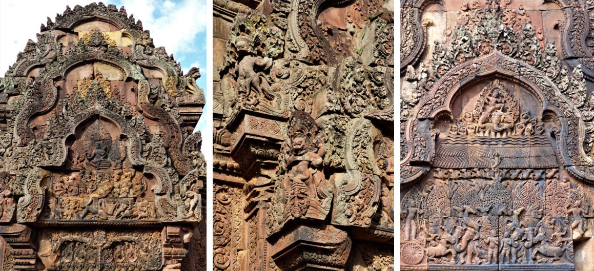 Bild 6 – 8: Banteay Srei Tempel – Tympana der Bibliotheken in Detailansichten 