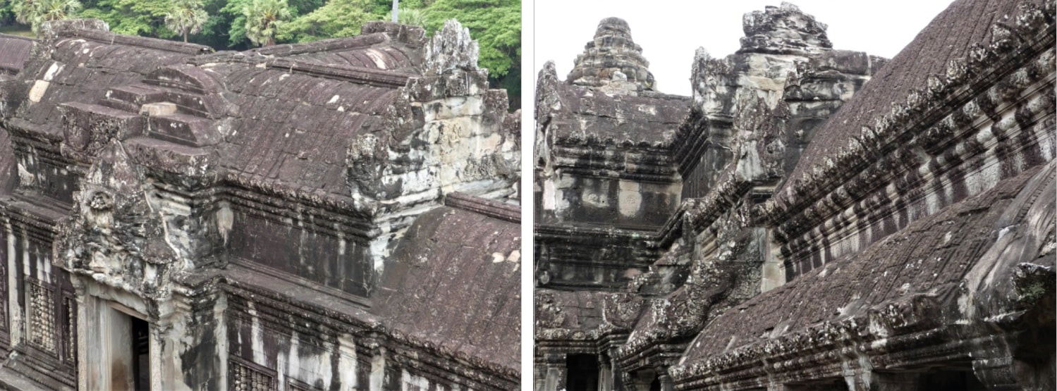 Bild 2 & 3: Angkor Wat – Blick von oben auf die Dächer und Halbdächer