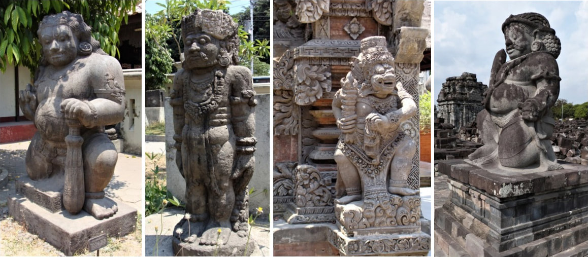 Bild 1, 2, 3: Dvarapala im Sono-Budoyu-Museum in Yogyakarta  Bild 4: Dvarapala am Sewu Tempel