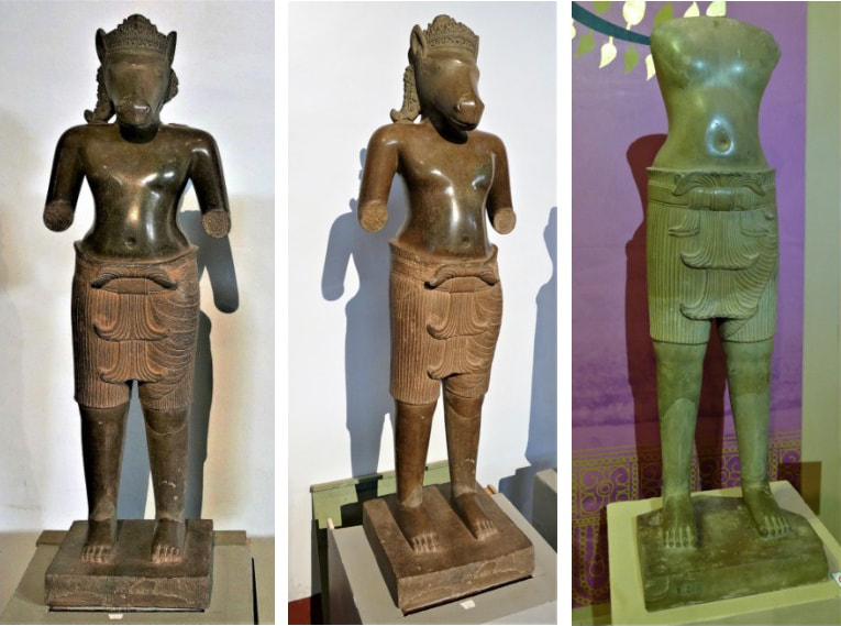 National Musuem Phnom Penh: Hayagriva in zwei Ansichten & National Museum Siem Reap: Torso einer männlichen Gottheit im Bakheng Stil aus dem Prasat Neang Khmau, Provinz Takeo 