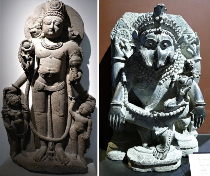 Vishnu Caturmuti aus Kaschmir und Vishnu Narasimha aus Orissa Vishnu Caturmuti: Musée Guimet Paris  Vishnu Narasimha: Chhatrapati Shivaji Maharaj Vastu Sangrahalaya Mumbai  (ehemals Prince Of Wales Museum Of Western India)