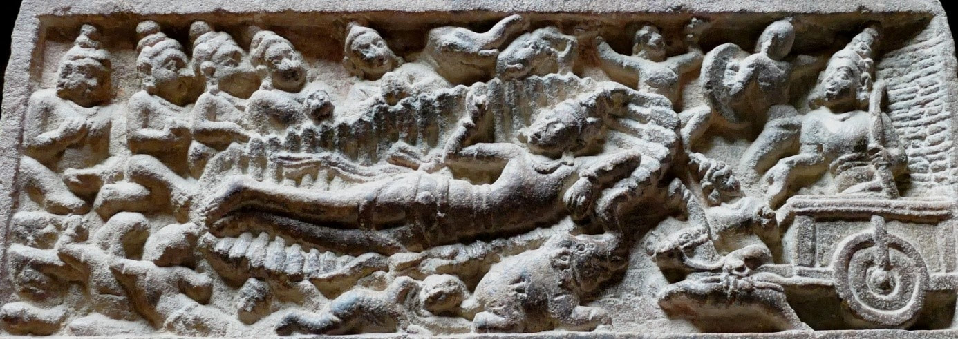 Pattadakal (Karnataka): VISHNU auf SHESHA Säulenrelief im Virupaksha Tempel (745 erbaut)