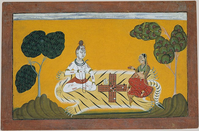 Shiva und Parvati spielen Chaupar, Aquarell aus Basohli in Jammu (1694 - 95)  Sammlung des Metropolitan Museum of Art New York (gemeinfreies Foto aus dem Internet)