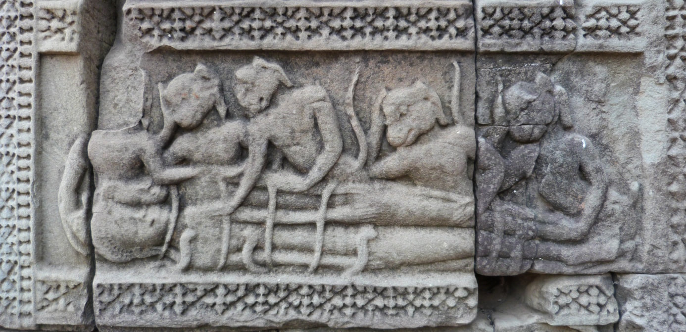 Baphuon Tempel: Reliefkachel – Der gefesselte Indra und Hanumans Truppen 