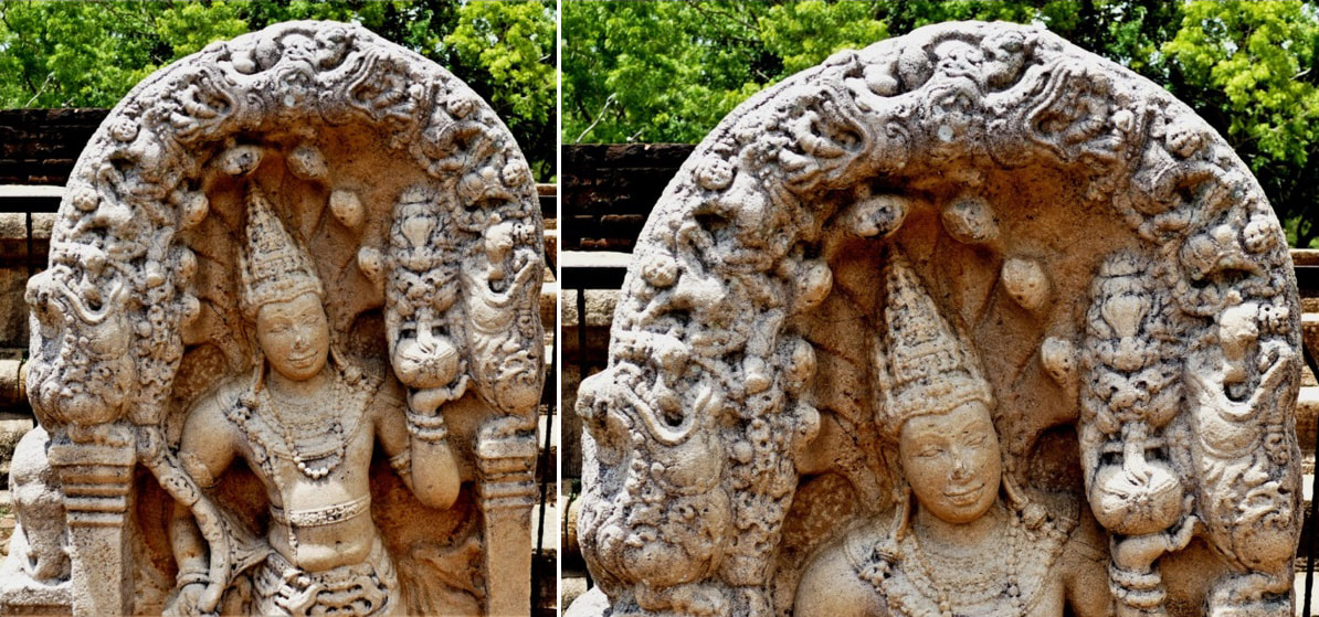 Bild 29 & 30: Anuradhapura – Wächterstein am Ratnaprasada, Makara-Bogen
