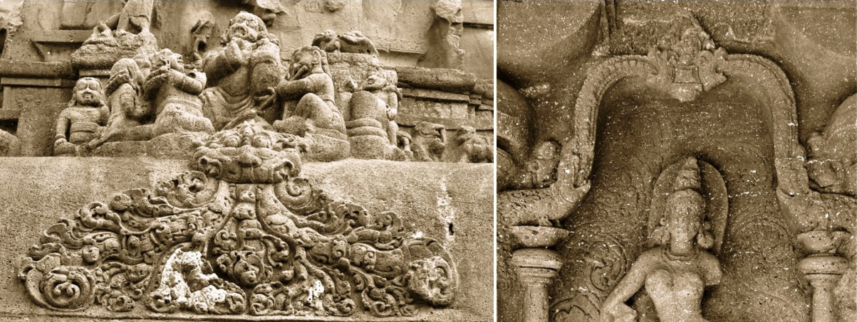 Bild 45 & 46: Höhlen von Ellora, Kailasa Tempel – Kala und Makarabogen