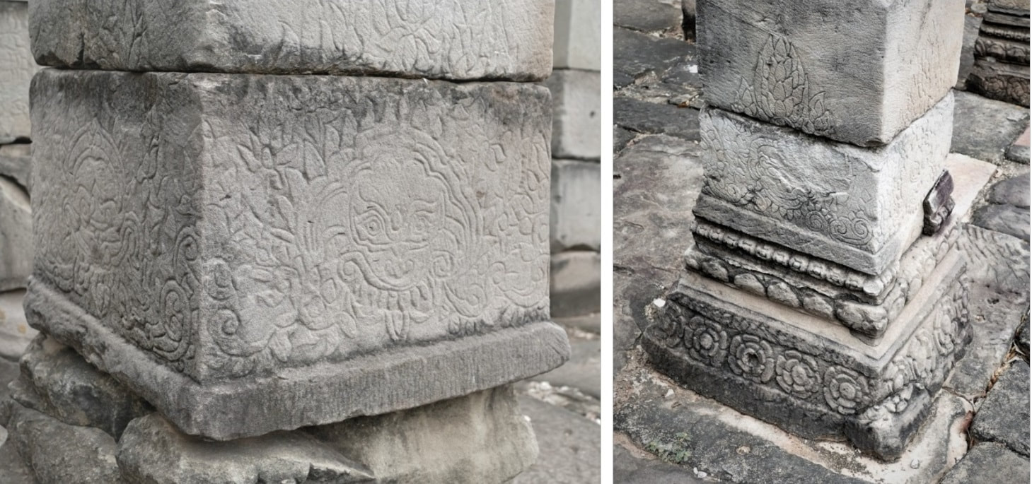 Bild 7 & 8: Banteay Chhmar Tempel (Ost-Galerie) – Flachreliefs auf Pfeilern