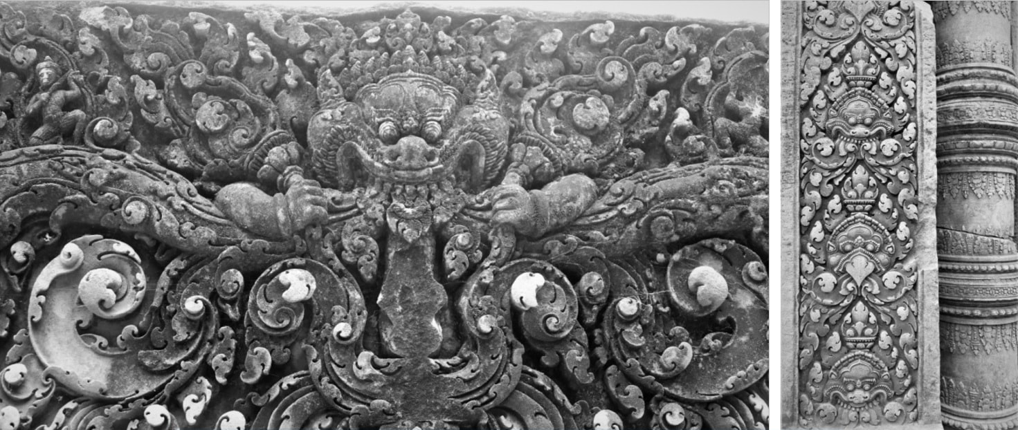 Bild 9 & 10: Banteay Srei Tempel – Kala auf Türsturz und Pfeiler 