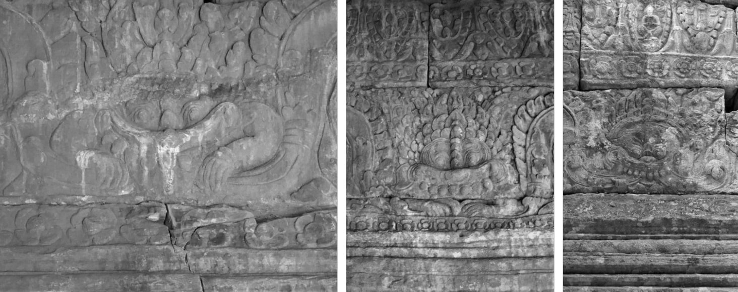 Bild 19 – 21: Preah Khan Tempel (Angkor): Wanddekorationen in einem Raum