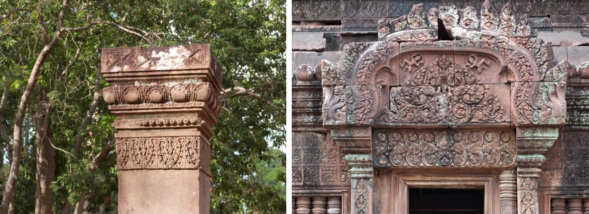 Bild 12 & 13: Prasat Banteay Srei – Pfeilerkapitell und Pilasterkapitelle