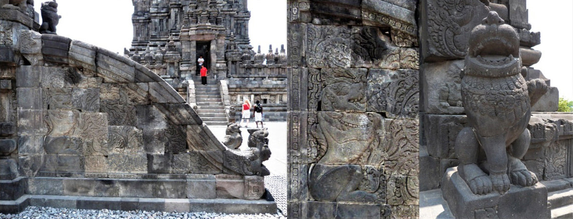 Bild 10 & 11: Prambanan – Treppenwange mit Löwenrelief   Bild 12: Prambanan – Tempellöwe