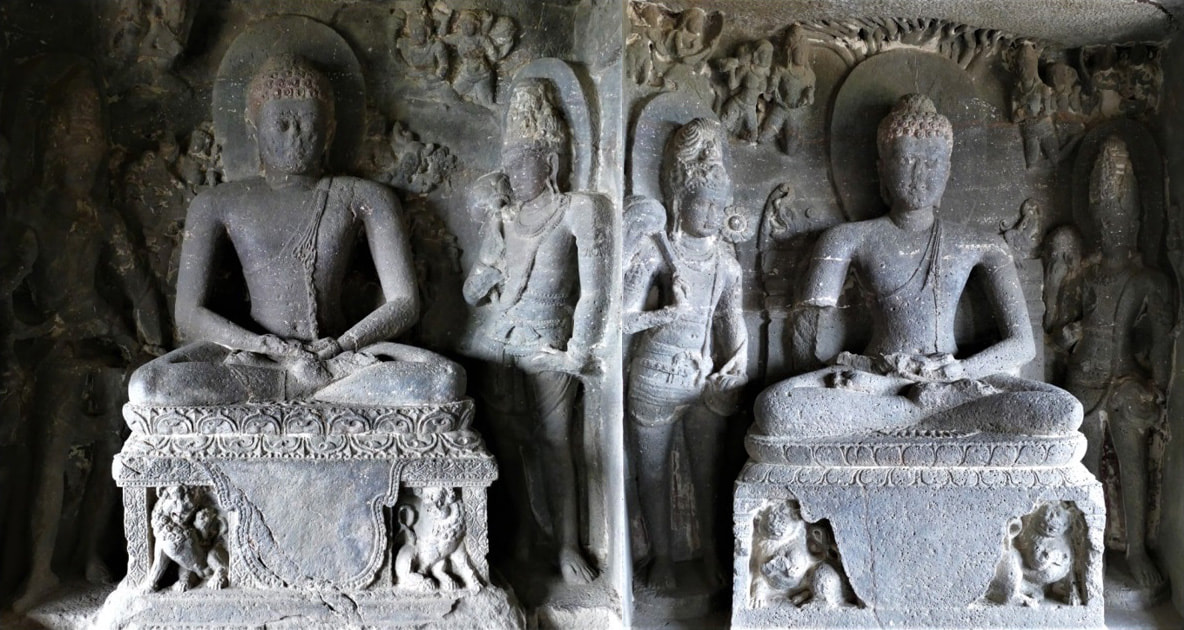 Bild 32 & 33: Ellora (Indien): Buddha Löwen-Thron in Höhlentempel 12 und Höhlentempel 14