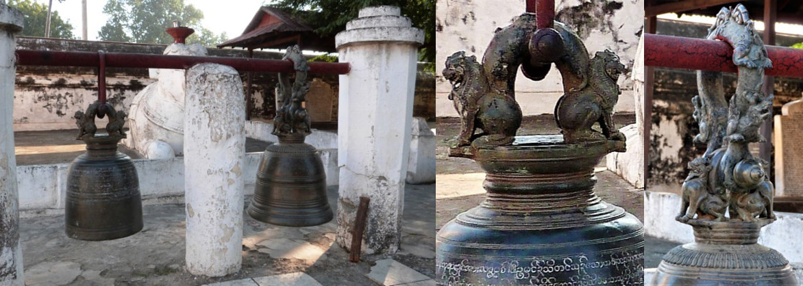 Bagan: Glocken& Glockenaufhängungen mit Löwen-Dekor in einem Vorhof der Shwezigon Pagode