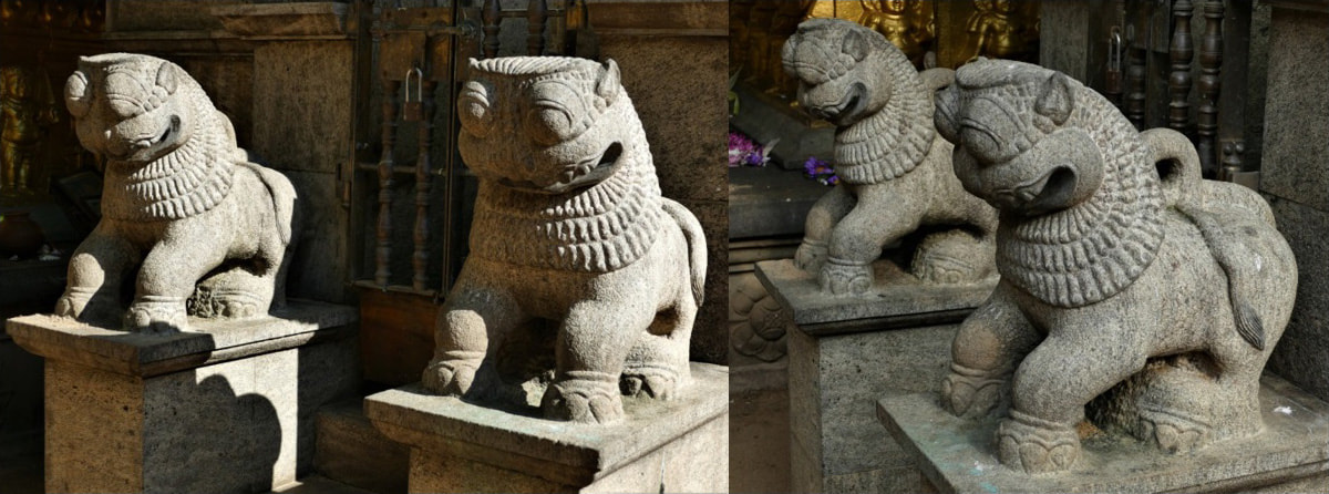 Bild 3 & 4: Colombo – Löwen an der Bodhi-Baum-Einfassung der Kelaniya Raja Maha Viharaya