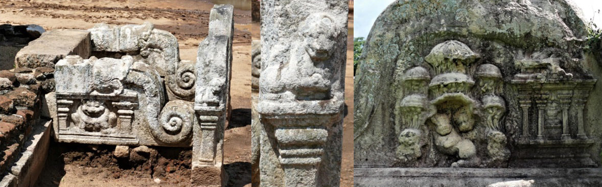 Bild 36, 37 & 38: Anuradhapura – Löwen an Stufenwangen (l. u. r.) und Wächterstein (Mitte)