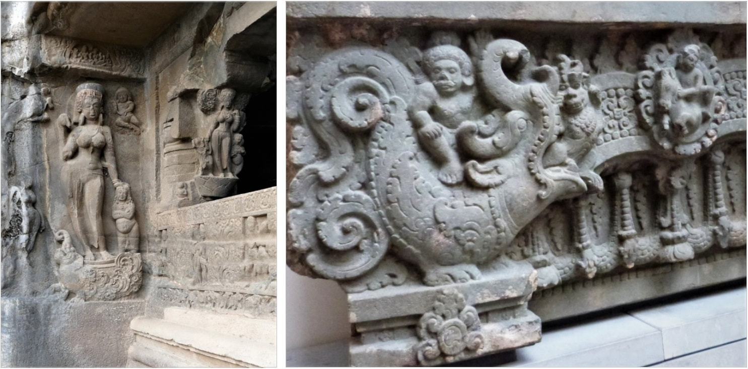 Bild 1: Ellora – Ganga auf Makara  Bild 2: Sambor Prei Kuk – Makara mit Reiter (Musée Guimet)