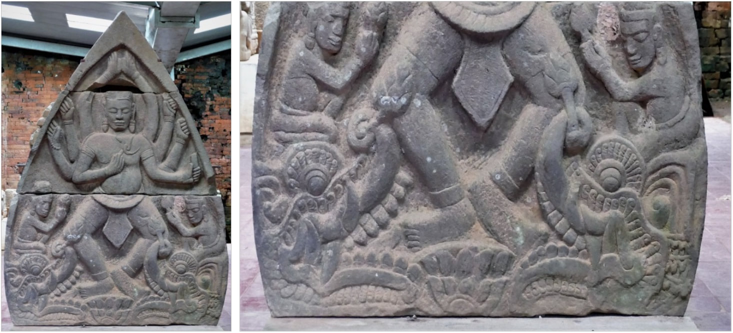 Bild 9 & 9.1: Sandsteinrelief Shiva mit Makaras, My Son, ausgestellt in einer Tempelhalle 