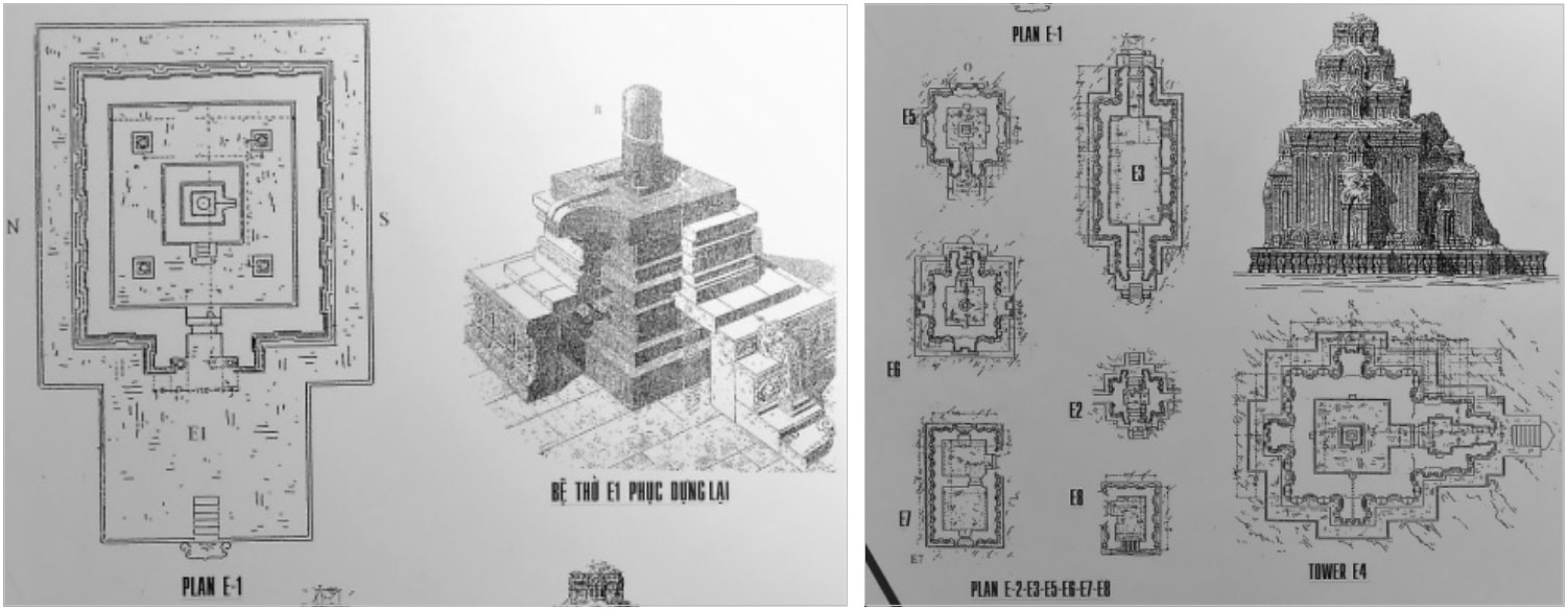 Bild 9.1 & 9.2: Grundrisse der Tempelbauten der Gruppe E (Bildtafel im Cham Museum Da Nang)