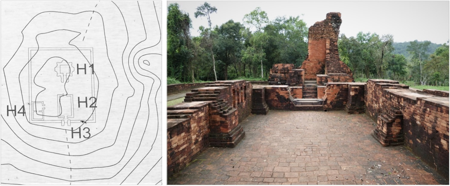 Bild 2 & 3: Tempelgruppe H, graphische Darstellung und restaurierte Tempelanlage (Ostansicht)