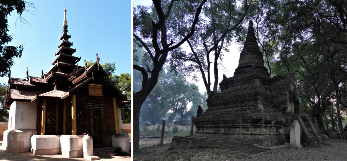 Bild 10 & 11: hölzerne Pagode des Ananda Tempel und steinerne Pagode in Nyaung U