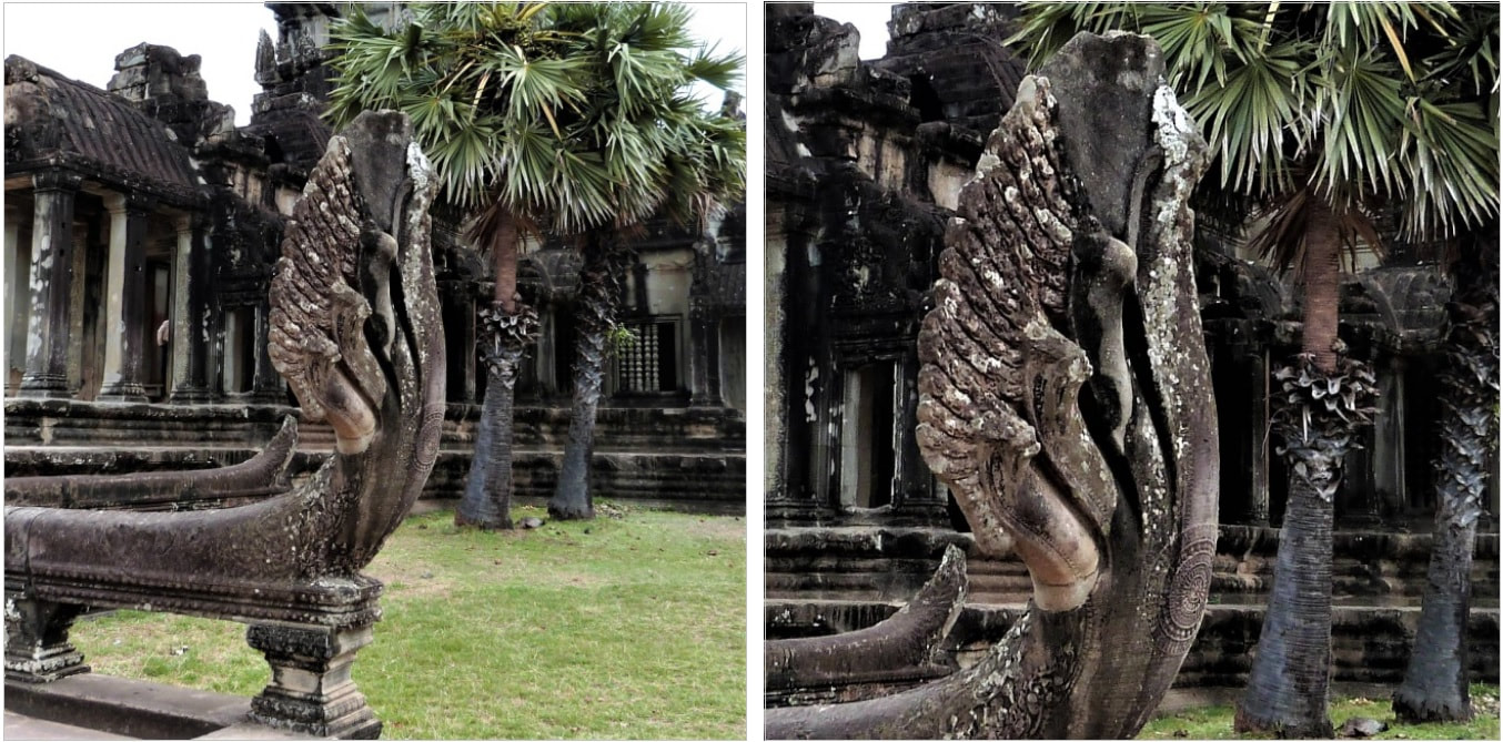 Bild 1 & 2: Angkor Wat: Naga-Balustrade im westlichen Zugangsbereich
