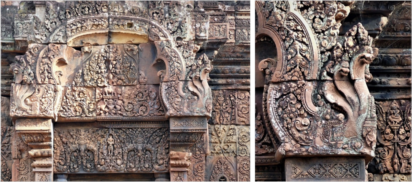 Bild 14 & 14.1: Banteay Srei Tempel – Eckakroter über Türsturz und Tympanum