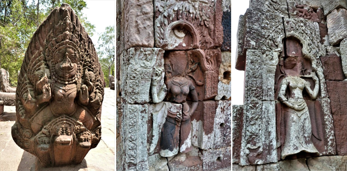 Naga and Aosara statues at Phnom Banan in Cambodia