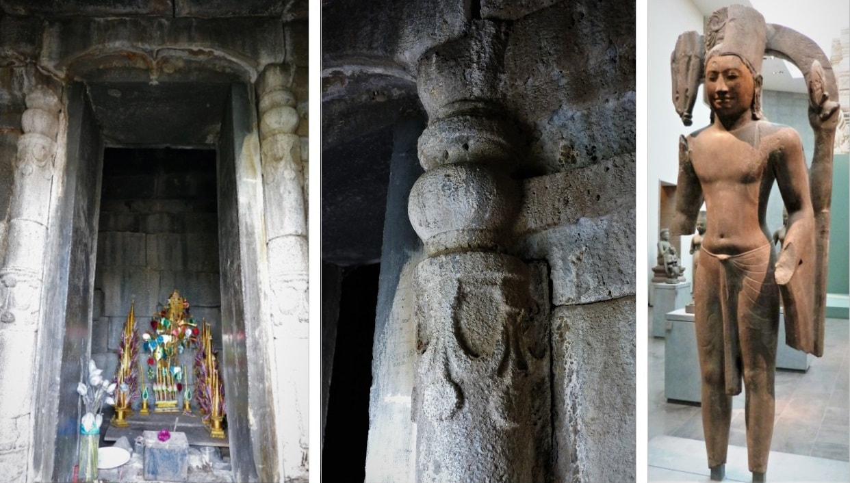 Bild 24, 24.1 & 25: Asram Maha Rosei  – Eingang zur Cella, Säule & Harihara-Statue 