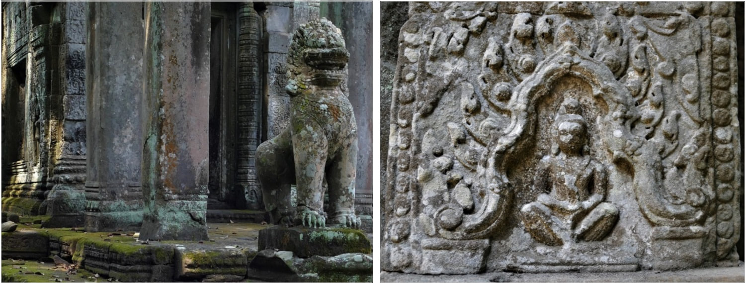 Bild 3 & 4: Preah Khan Tempel – Mauerring III Löwe und Pfeilerrelief am Ost-Gopuram 