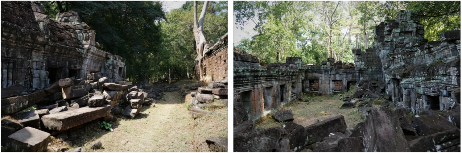 Bild 10 & 11: Preah Khan Tempel – Mauerring II Galerien und Innenhof im Südbereich 