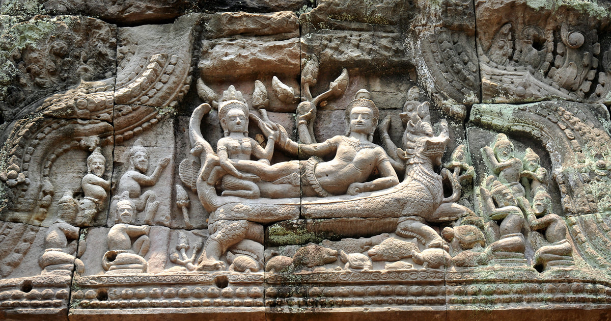 mythical being supporting Vishnu in the creation myth at Preah Khan