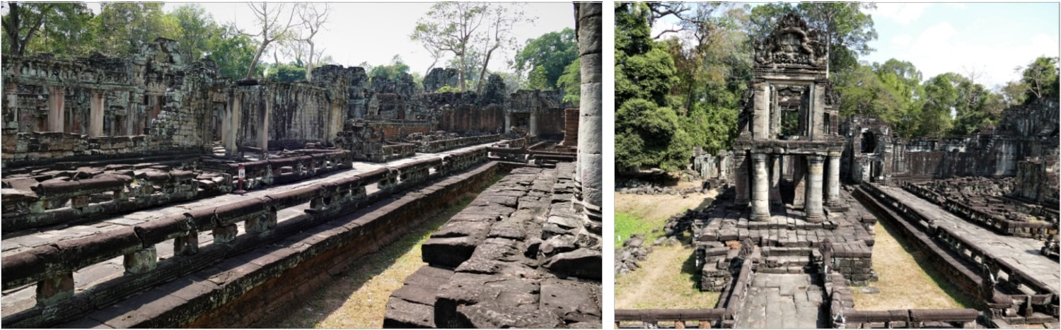 Bild 3 & 4: Preah Khan Tempel – Westlicher Tempelbezirk mit Säulengebäude 