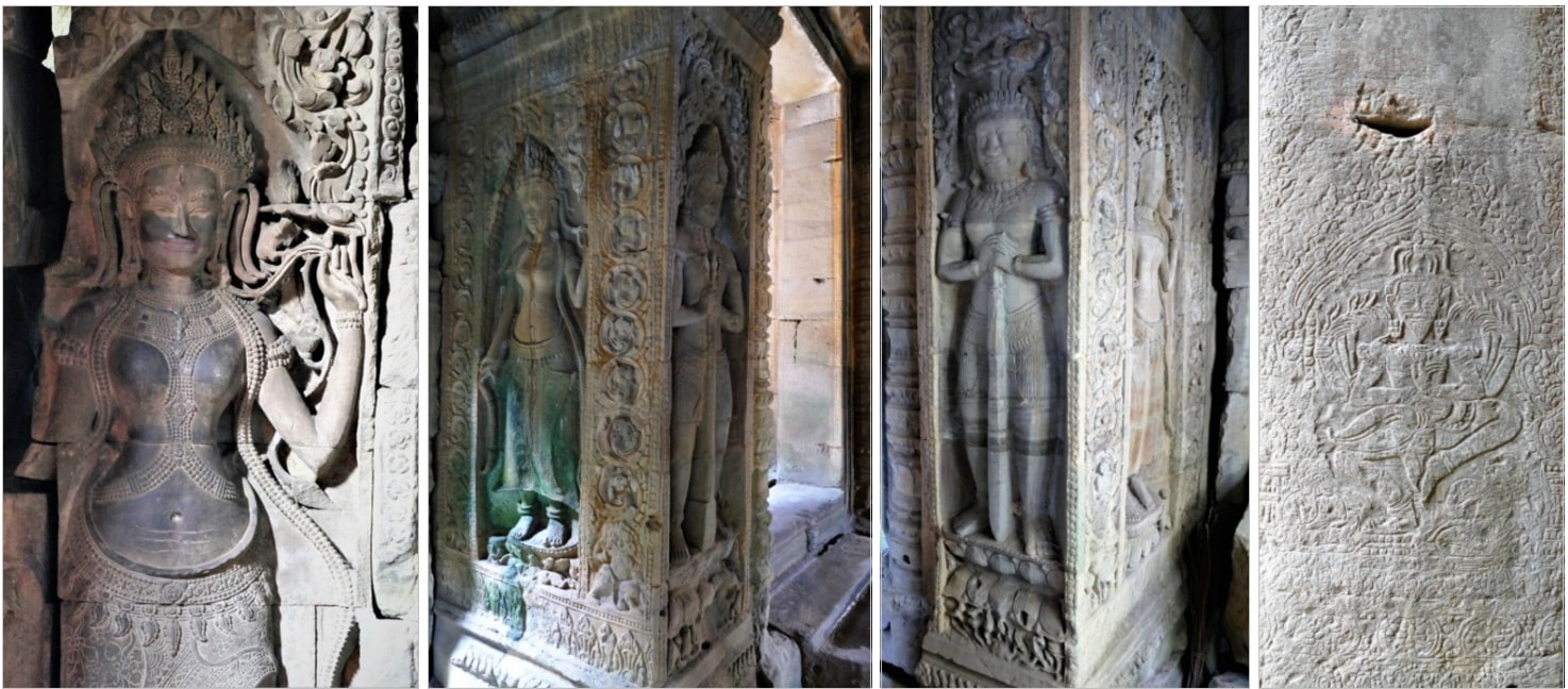 Bild 13, 14, 15 & 16: Preah Khan Tempel – Prajnaparamita, zwei Dvarapala-Türpfeiler & Pfeiler