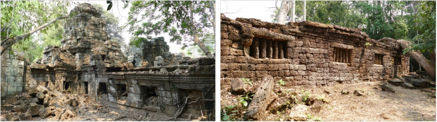 Bild 18 & 19: Preah Khan Tempel – Galerie aus Sandstein und Mauer aus Lateritstein 