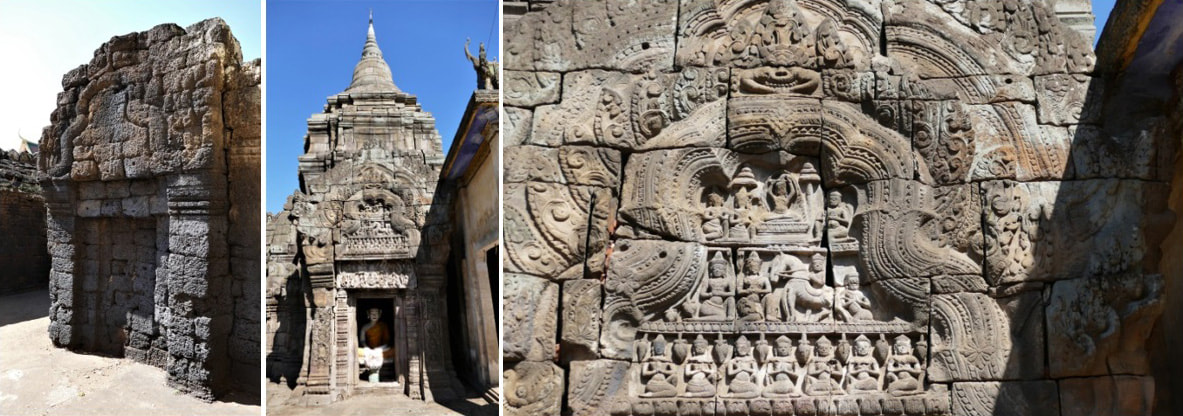 Bild 28, 29 & 30: Lateritbau (Bibliothek Süd), Tempel mit Stupa (Südansicht) und Tympanum