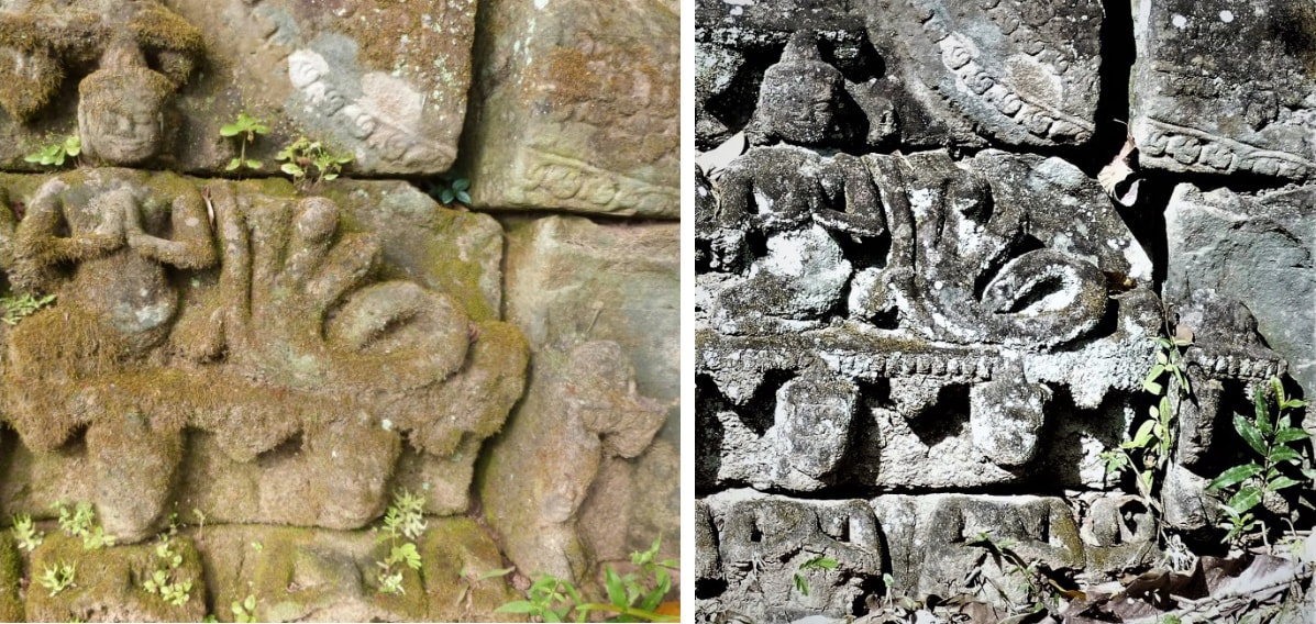 Bild 5.3 & 5.4: Prei Tempel – Tympanum, Teilaufnahmen vom 5.11.2014  und vom 26.2.2022
