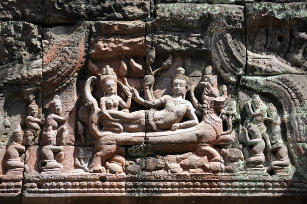 creation myth with Vishnu reclining on a fabulous beast at Preah Khan