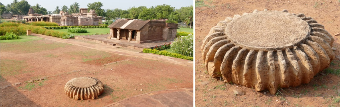 Bild 13 & 14: Aihole – Tempel im Museumsgelände und Amalaka einer Turmbekrönung