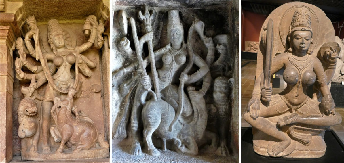 Bild 15, 16 & 17: Aihole – Durga Tempel/Durga im Ravana Höhlen Tempel/Durga aus Karnataka