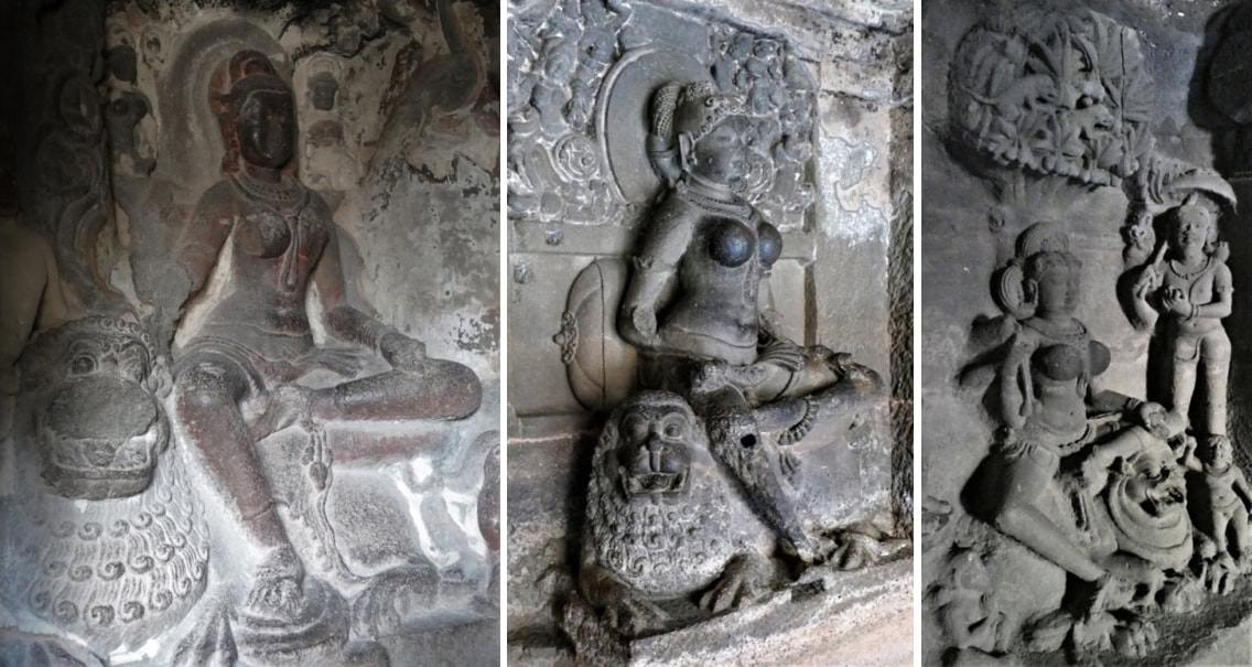 Bild 23, 24 & 25: Kaumari=Ambika in Ellora, Jain-Heiligtum (Höhle Nr. 34)
