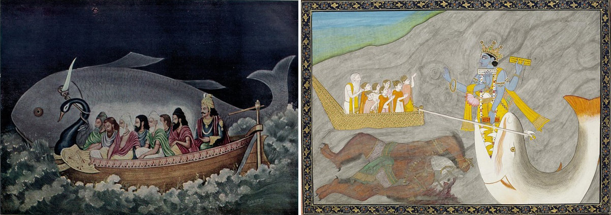 Bild 1: Vishnu Matsya Bild 2: Matsya rettet Manu und die sieben Weisen