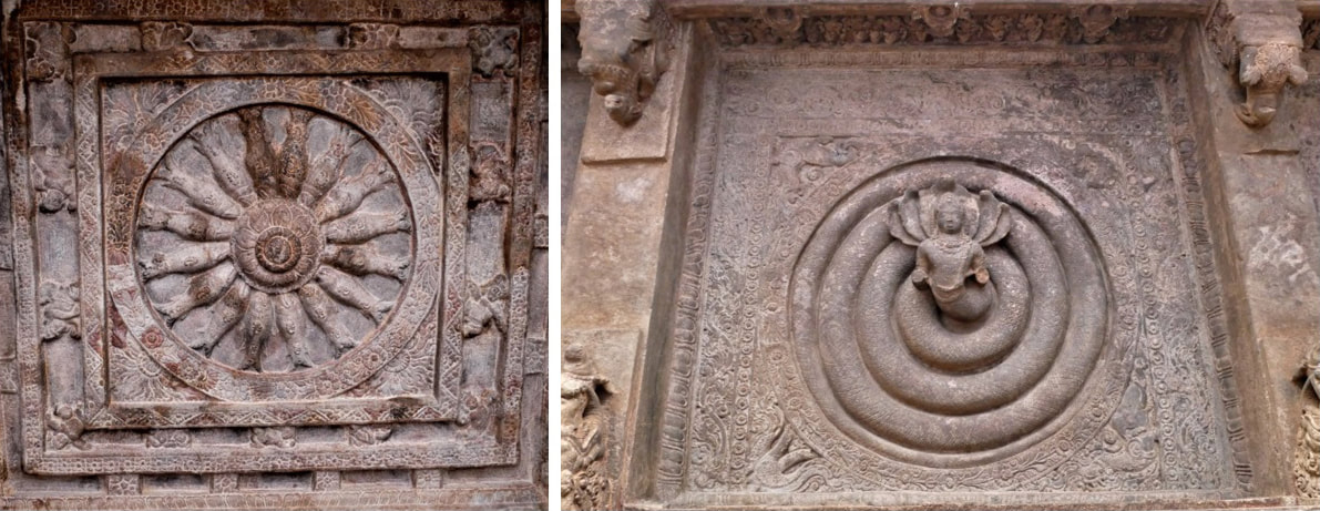 Bild 3 & 4: Deckenreliefs in Badami: Höhle 2: Matsya und Höhle 1: Narayana (?)